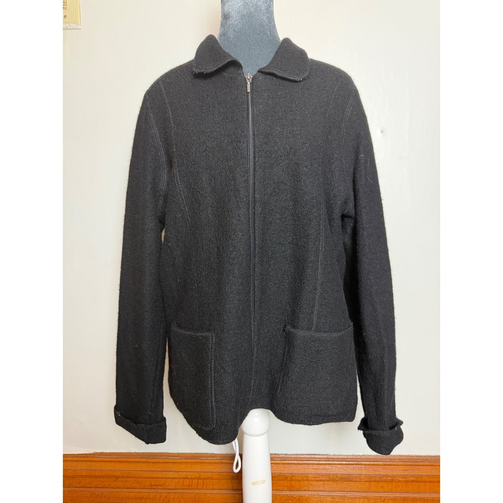 Wool XL Black Full Zip Sweater Jacket Textured sweater cardigan Lagenlook